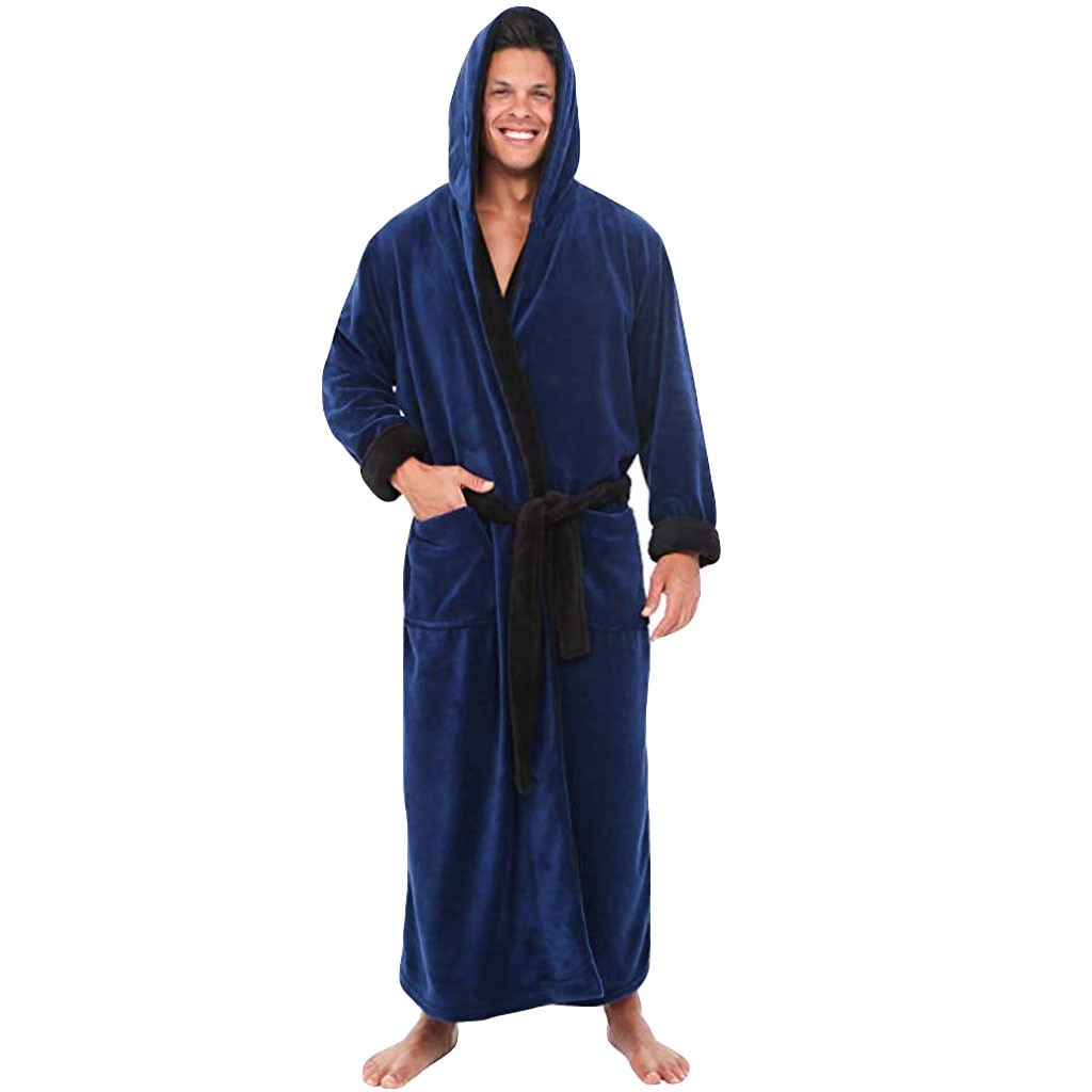 Men Bathrobe Men's Winter Lengthened Plush Shawl Bath Robe Home Clothes Long Sleeved Robe Coat