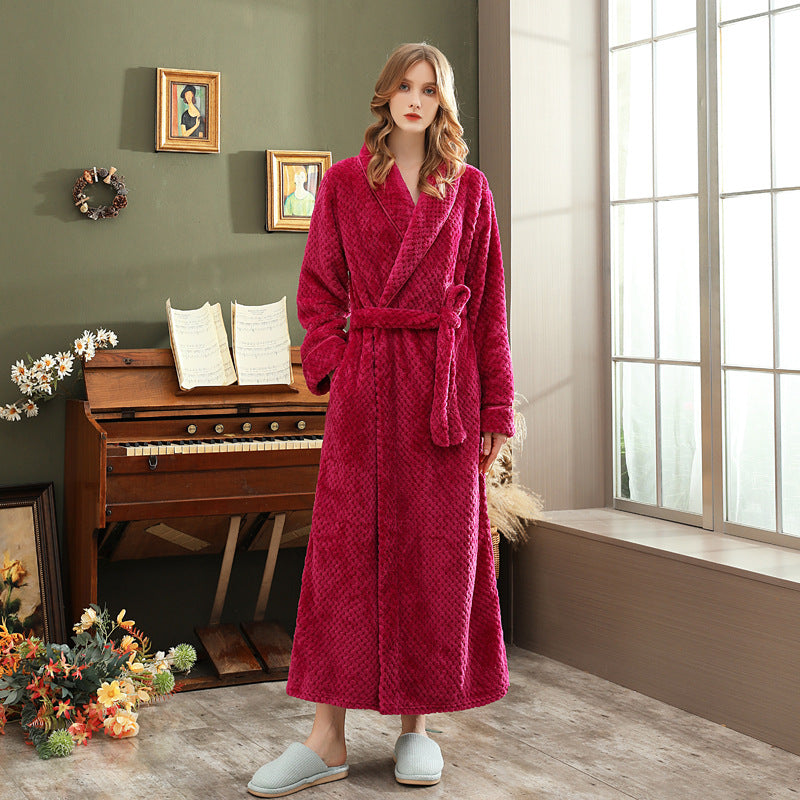 Autumn and winter extended thick couple bathrobe flannel waist cinched nightgown women's long sleepwear men's home clothes