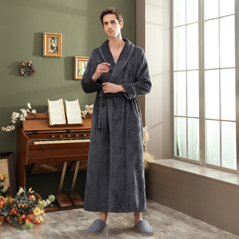 Autumn and winter extended thick couple bathrobe flannel waist cinched nightgown women's long sleepwear men's home clothes