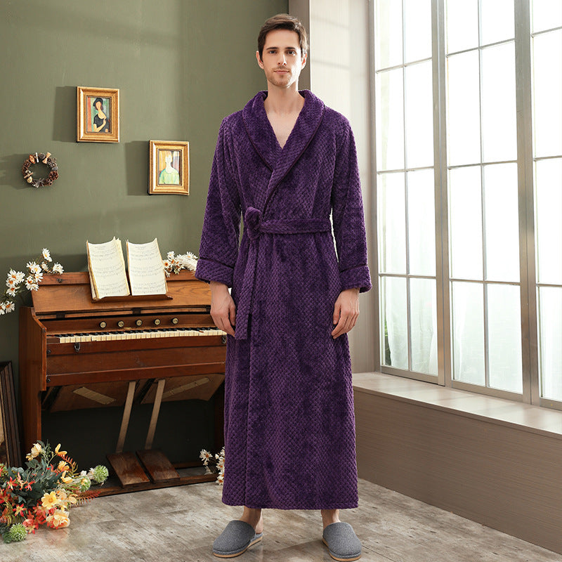 Autumn and winter extended thick couple bathrobe flannel waist cinched nightgown women's long sleepwear men's home clothes