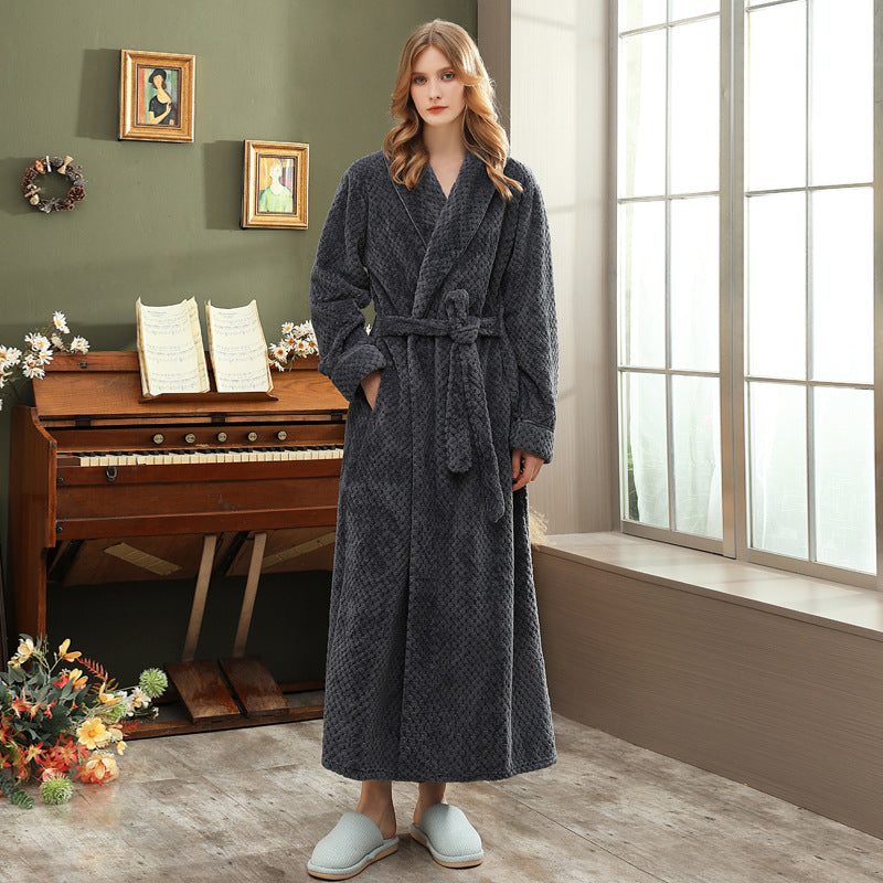 Autumn and winter extended thick couple bathrobe flannel waist cinched nightgown women's long sleepwear men's home clothes