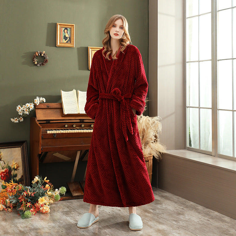 Autumn and winter extended thick couple bathrobe flannel waist cinched nightgown women's long sleepwear men's home clothes